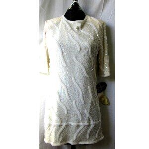 CAN YOU SEW? White Silk Dress Size L Sequins Beaded British *Flaw NWOT